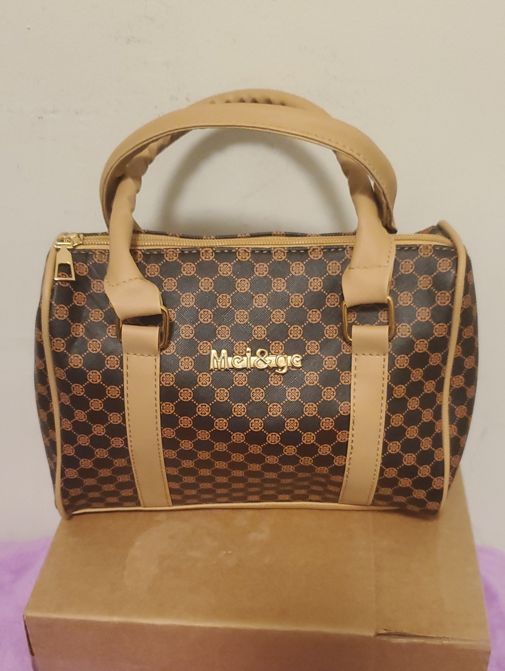 Brown Patterned Satchel with Tan Trim